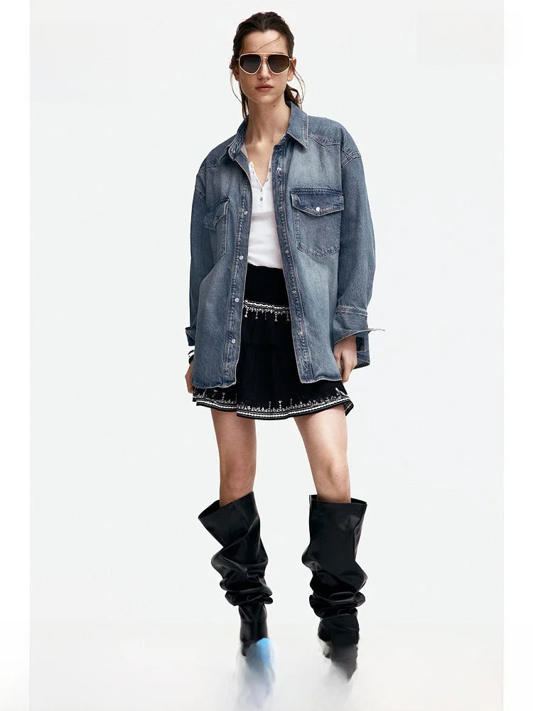 

Удобная хлопковая юбка с вышивкой для женщин от H&M, коллекция Весна 2025, вдохновленная музыкальным фестивалем, с завышенной талией, короткая