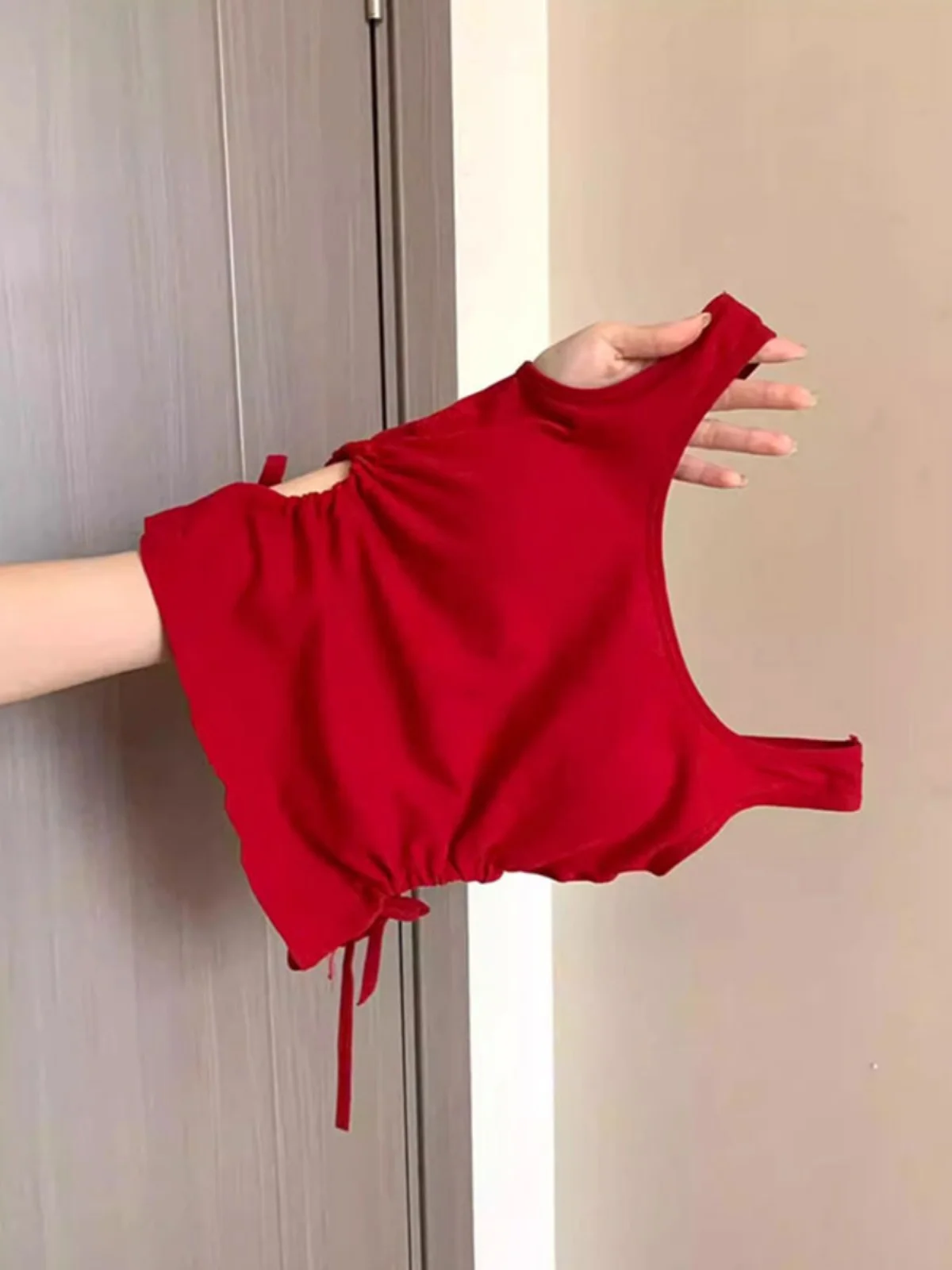 Red Baring Midriff Strap Vest Women's Inner Wear Summer Outdoor Wear with Chest Pad Beautiful Back Bra Integrated Short Spicy...