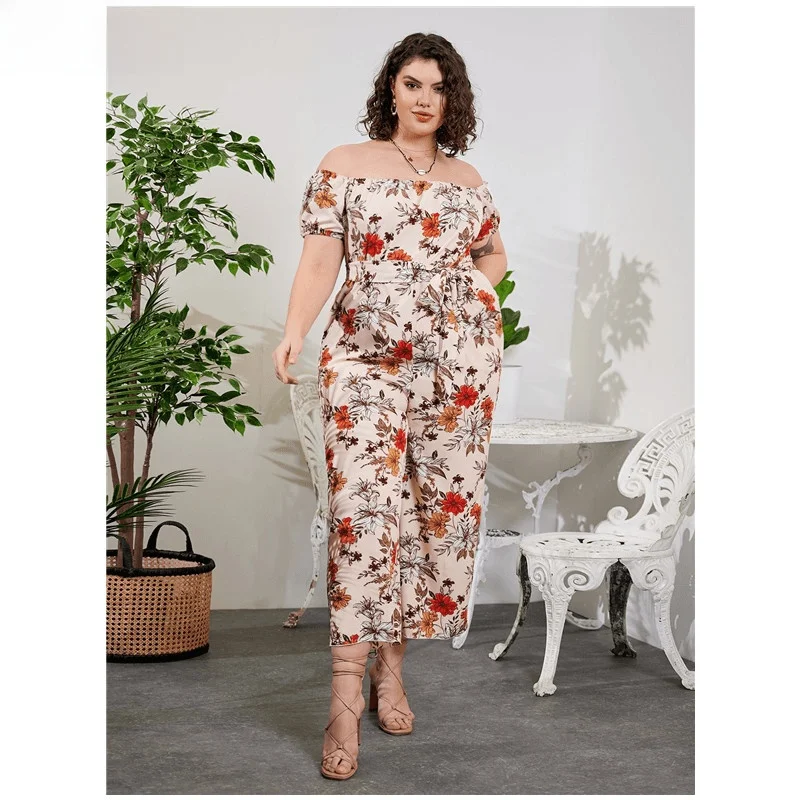 

Летний комбинезон с цветочным принтом, новый, с эффектом похудения, большие размеры, милый дизайн, на одно плечо, с коротким рукавом