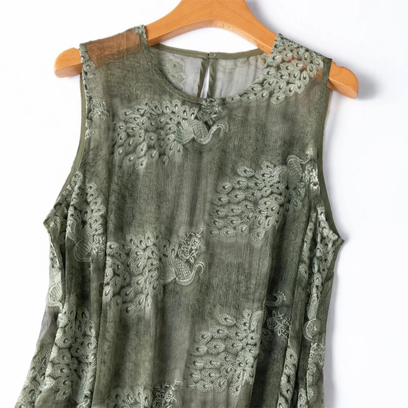 100% Mulberry Silk Women Tank Dress Transparent Green Peacock Embroidery Sleeveless Loose Type O Neck Midi Dress M1257