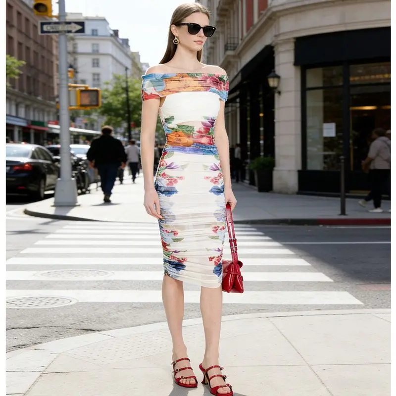 

Spring Summer 2026 Celebrity Fashion One-Shoulder Mesh Print Top Elastic Half Skirt Set Women's Casual Wear Party Dresses