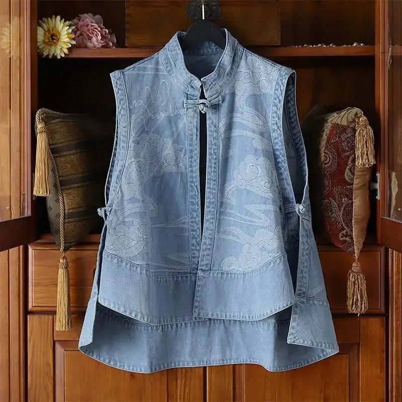 

Spring Autumn Cowboy Vest Women Sleeveless Cardigan Plate Buckle Loose Vintage Tops Coat Denim Wiastcoat Jackets Design Vests