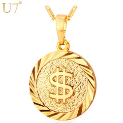 U7 14K Gold color Coin US Dollar Sign Necklace for Women Men 20inches with 2inches Adjustable Chain