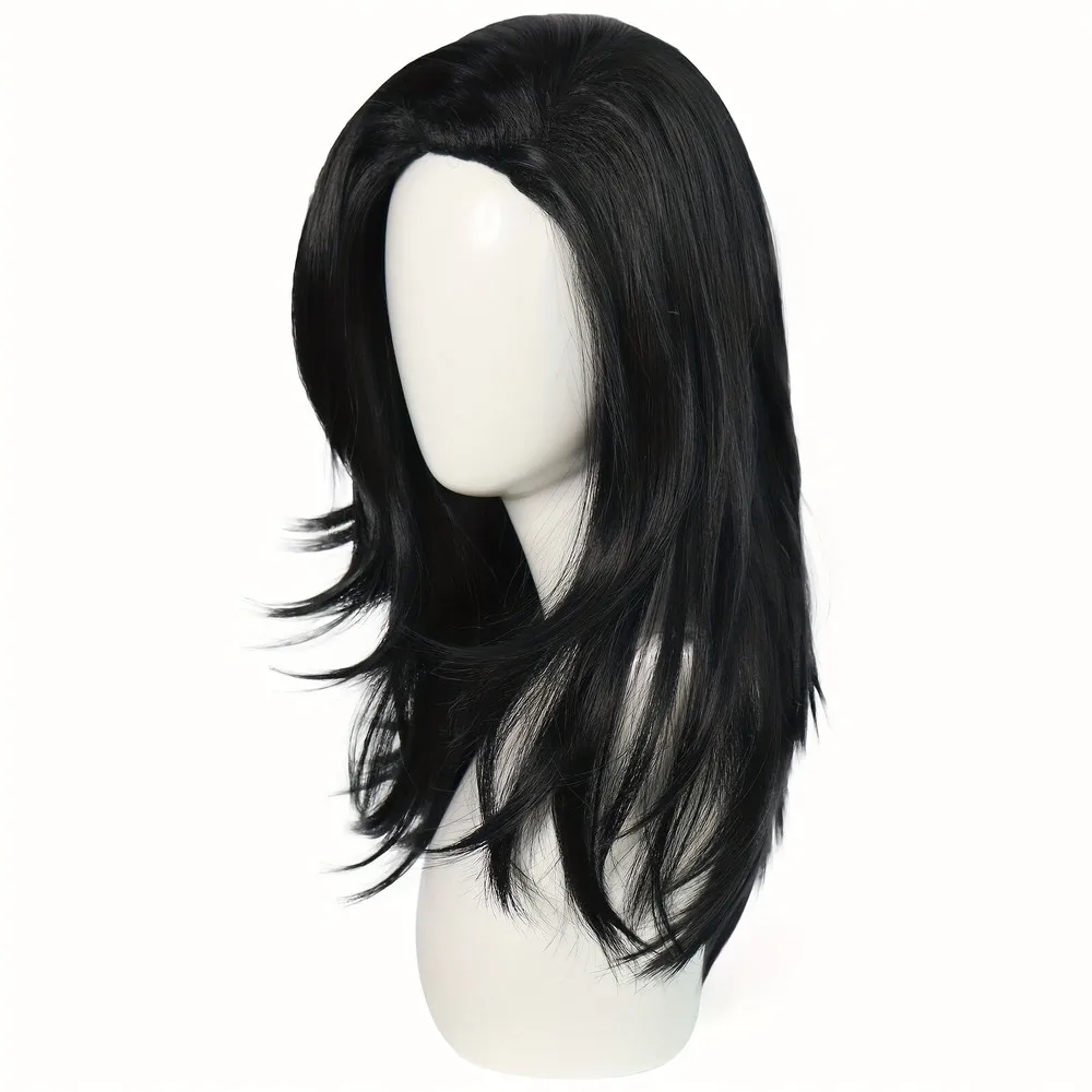 Peruca de cabelo sintético de 18 polegadas de anime, peruca preta reta de comprimento médio Halloween