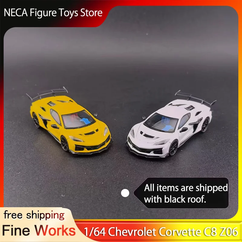 Fine Works 1:64 Chevrolet Corvette C8 Z06, Modelo de Auto Fundido a Presión con Techo Negro, 2 Colores, Amarillo y Blanco, Juguetes Coleccionables de Regalo para Niños