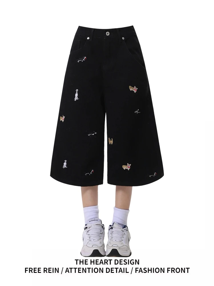 

Fun Embroidered Dog High Waist Wide Leg Jeans Casual Sle Loose Fit Summer Denim orts for Women Bla Color 2025 New Design