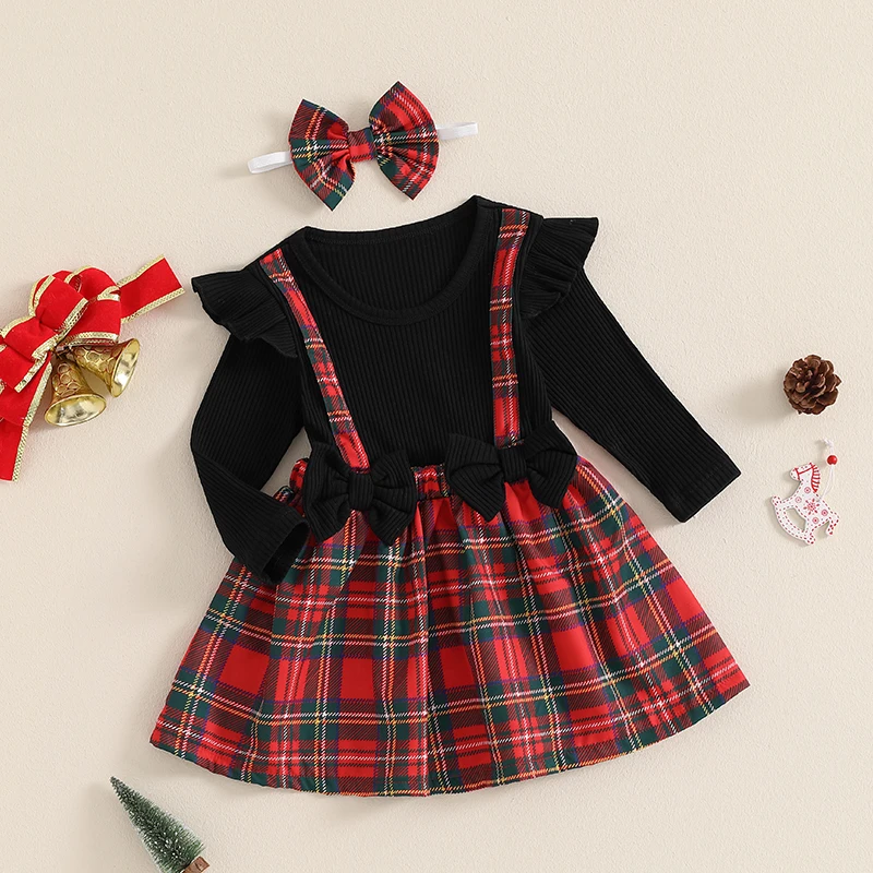 Toddler Baby Girls Christmas Skirt Set Plaid Gingerbread Man Bow Long Sleeve Ribbed Ruffled Overall Dress Headband 2Pcs Outfit