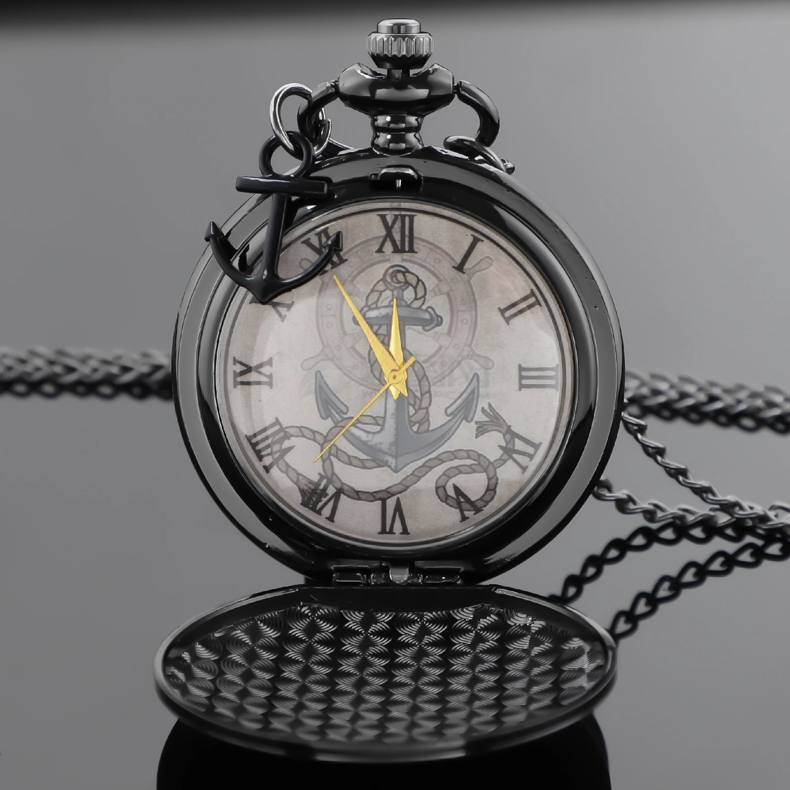 Classic Anime Sailing Boat Anchor Pattern Chain Pocket Watch Vintage Steampunk Necklace Pendant Clock Men Women Gift