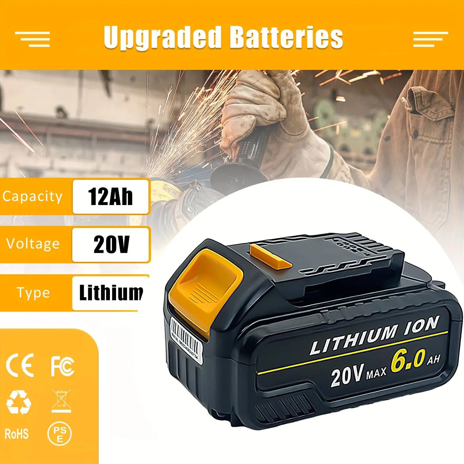 

2 Battery Packs for Dewalt 20V Battery 6Ah DCB206, Compatible with Dewalt 20V Lithium Battery DCB206 DCB205 DCB204 for Dewalt 20