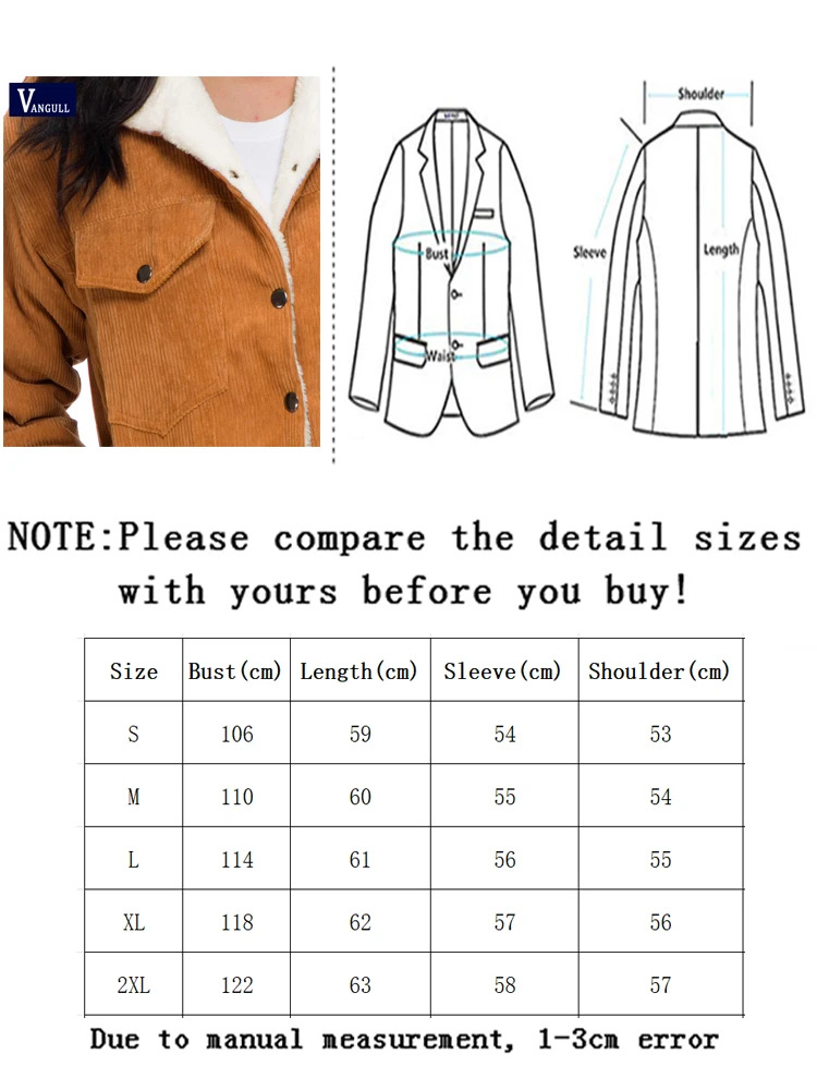 Vangull Women Winter Solid Long Sleeve Outerwear Female Vintage Short Lady Outwear Warm Corduroy Padded Jacket  Thick Velvet Coa