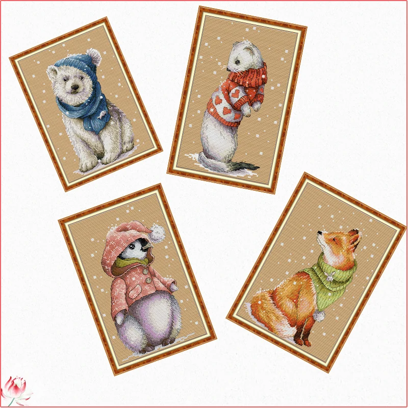 Animals In Scarves In Winter Counted Cross Stitch Kits DIY DMC Handmade 11CT 14CT Stamped Embroidery Needlework Home Decor Gifts