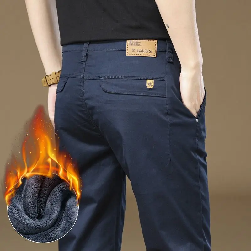 

Осенние и зимние мужские повседневные брюки, мягкие эластичные прямые брюки, теплые деловые модные универсальные термодлинные брюки для поездок на работу