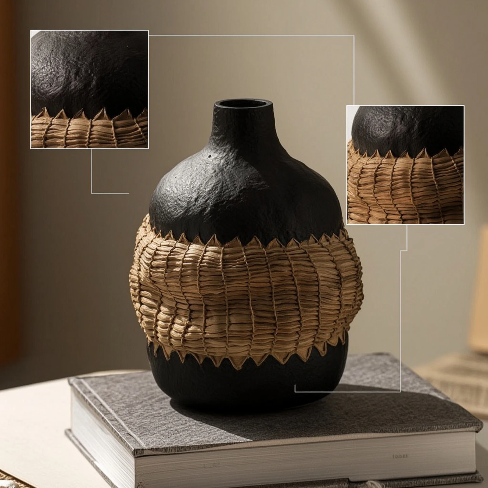 Resin Vase with Woven Band Decorative Table Centerpiece Vase Vessel Lightweight Neutral for Minimalists, Living Room, Study