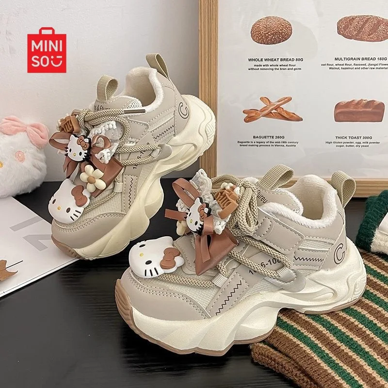 

Miniso Hello Kitty обувь для девочек, кожаные кроссовки на платформе с флисовой подкладкой на мягкой подошве для детей, зимняя мода