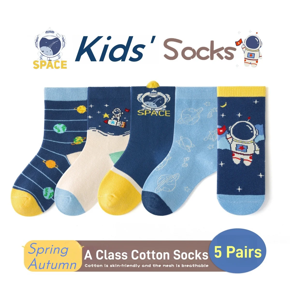 Baumwollsocken, 5 Paar, Socken für Jungen mit Cartoon-Astronauten-Motiv, Kinder-Wadensocken für Frühling und Herbst, Baby-Mädchen-Socken – Detail 1