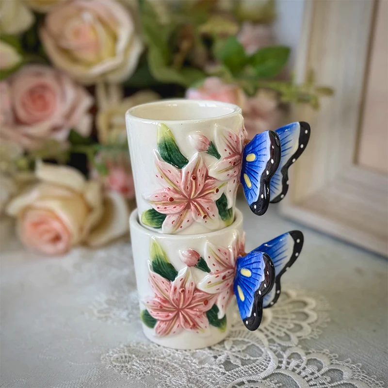 

Modern Lily and Butterfly Ceramic Coffee Cup Exquisite 3D Afternoon Tea Dessert Cup Ceramic Milk Beverage Cup Birthday Gift Mug