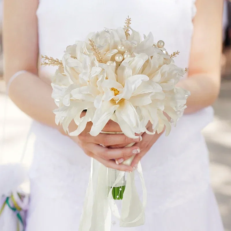 1PC Dahlia ślubny bukiet ślubny wstążka koralik styl boho bukiet kwiatów na zewnątrz walentynki fotografia ślubna rekwizyty