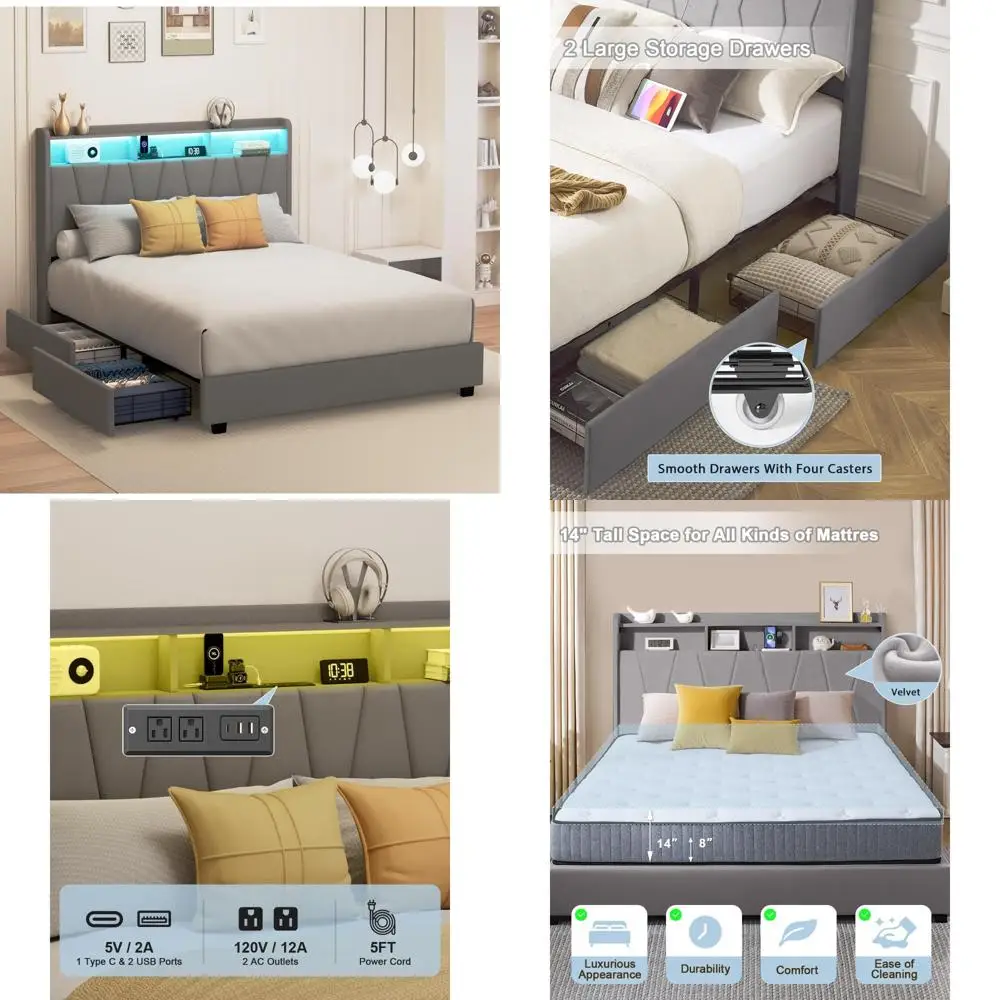 

Queen Size Velvet LED Platform Bed with Headboard Storage and Built-in Charging Station Featuring 4 Drawers
