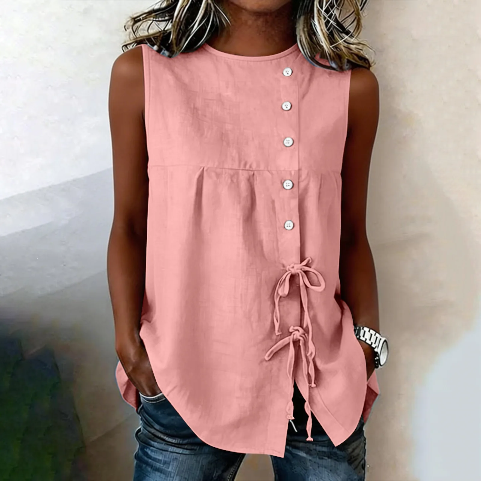 Women Lace Up Sleeveless Shirts Solid Colors Cotton Linen Tops Summer Casual Patchwork Loose Women's Bandage Blouses 2026 New