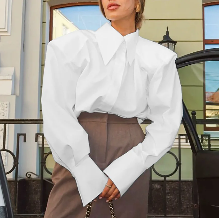 

Autumn Elegant White Puff Sleeve Shirt Office Lady Elegant Single-Breasted Woman Blouse 2026 Street Chic Turn Down Collar Tops