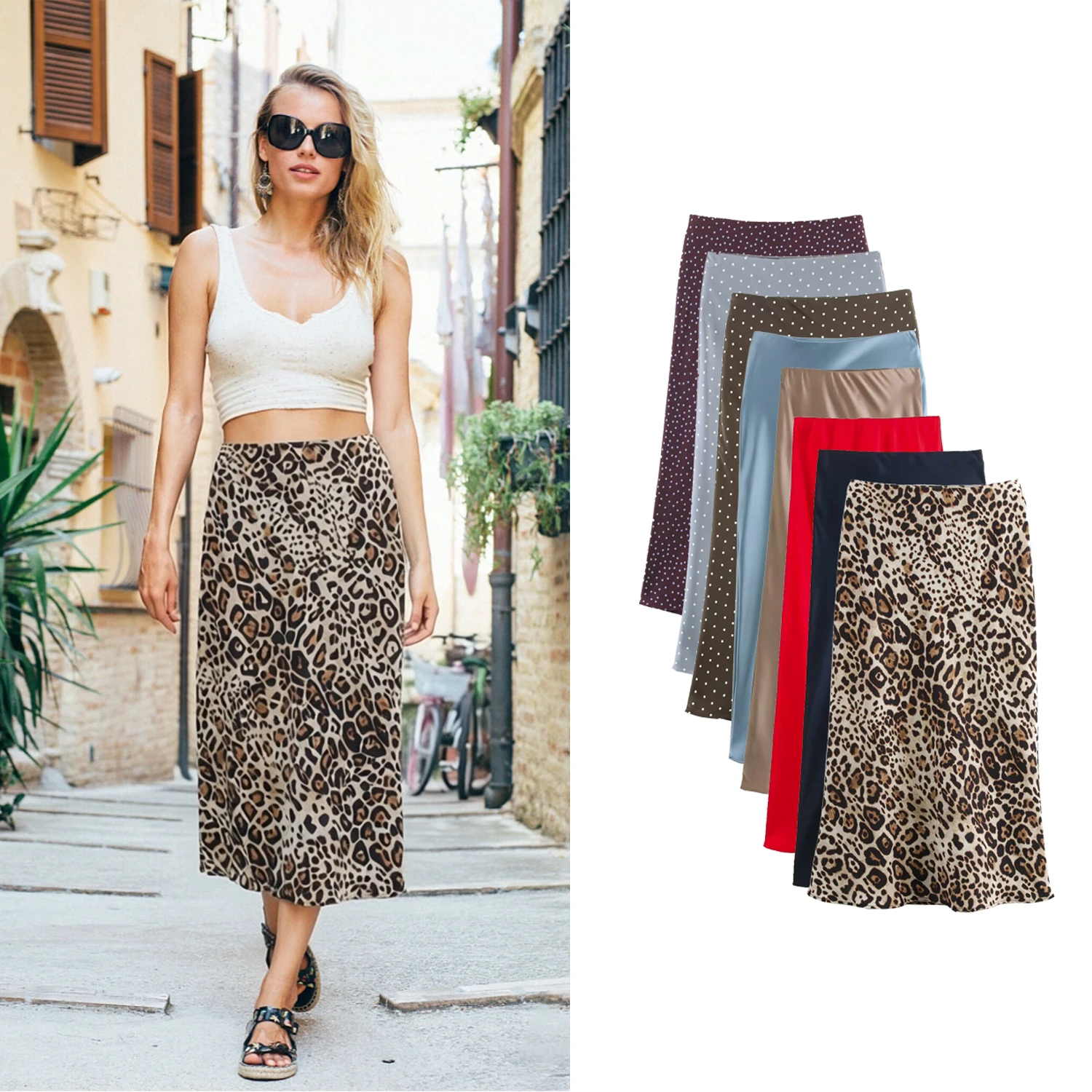 

Женские винтажные юбки миди с высокой талией, летние новые женские атласные юбки с леопардовым принтом, элегантные длинные юбки А-силуэта, уличная мода
