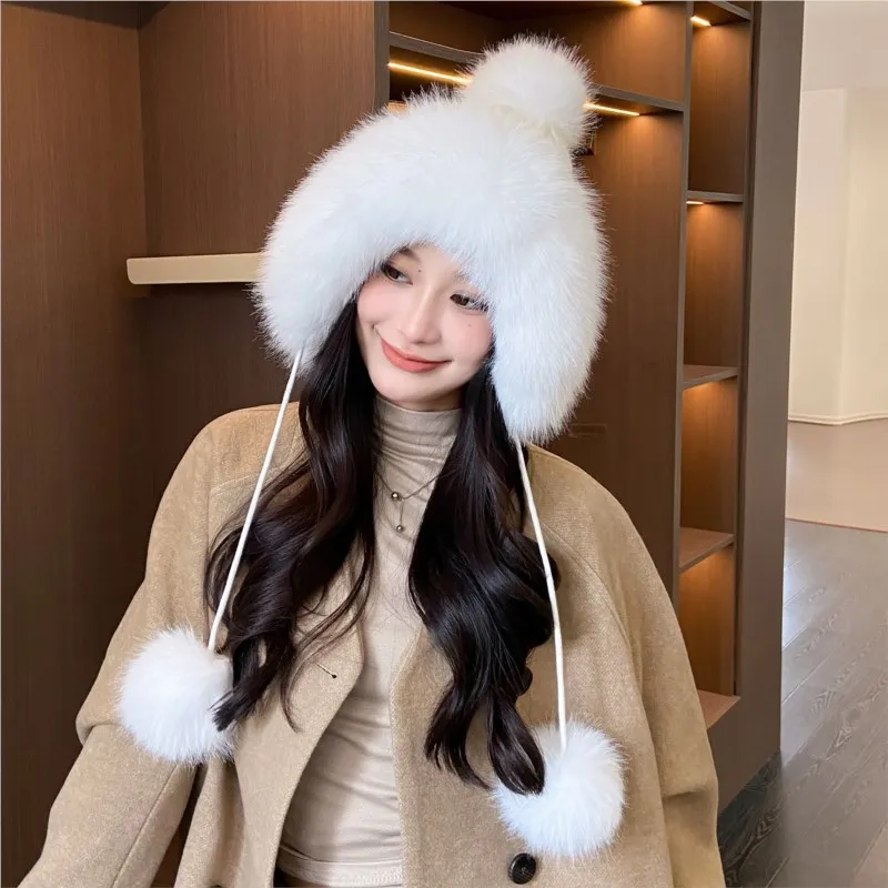 Knitted cap for women warm and ear-protecting in autumn winter fur cotton cute with wool balls down threads