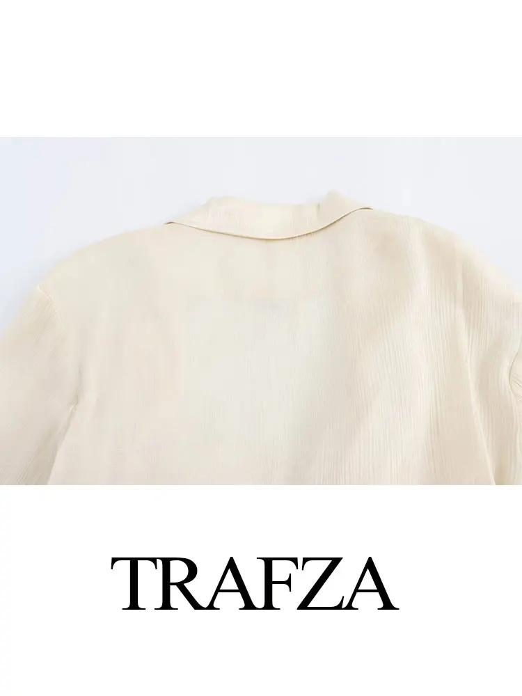 TRAFZA 2024 Elegant Texture Beige Blouse For Women Long Sleeves Turn Down Collar Lace Up Pajama Style Shirts Loose Cozy Tops