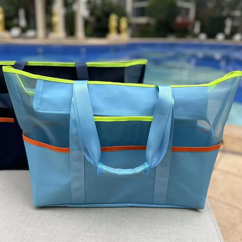 

Multi-Pocket Mesh Beach Bag Large Capacity Portable Toiletry Organizer Storage Bag Breathable Foldable Swimming Handbag Women
