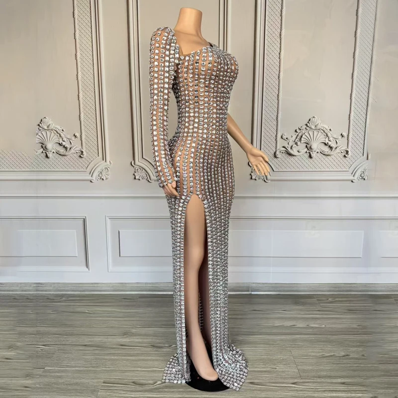 Sukienki damskie na imprezę, uroczystość, z jednym rękawem, pełne cyrkonie, stroje festiwalowe, kostium do tańca jazzowego, strój sceniczny XS9968