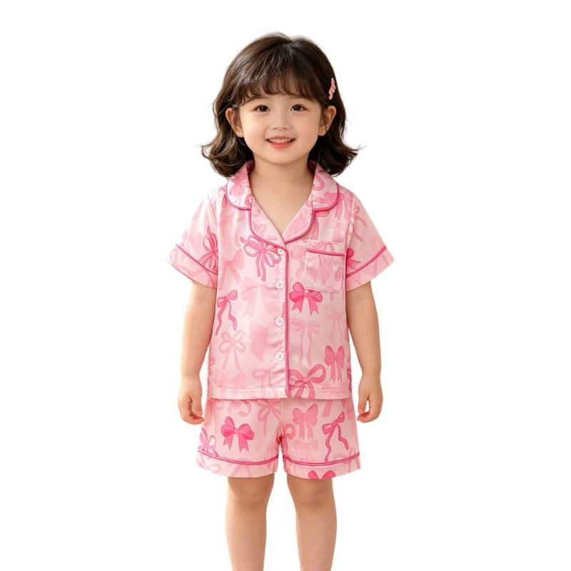 2PCS Bowknot Sommer Pyjama Set Für Mädchen Weiche Atmungsaktive Polyester Nachtwäsche Bequeme Kinder Nachtwäsche A2UB – Detail 1