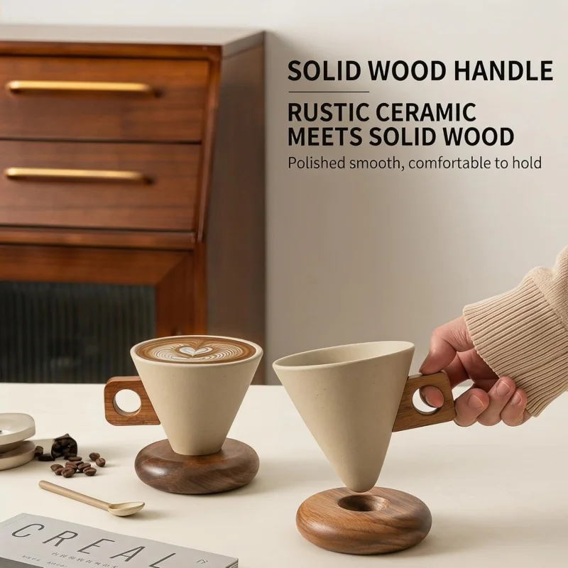 Retro Coffee Cups Heat-proof Conical Ceramic Coffee Cups Afternoon Tea Cup with Wood Base＆Handle Coffee Utensils - view 6