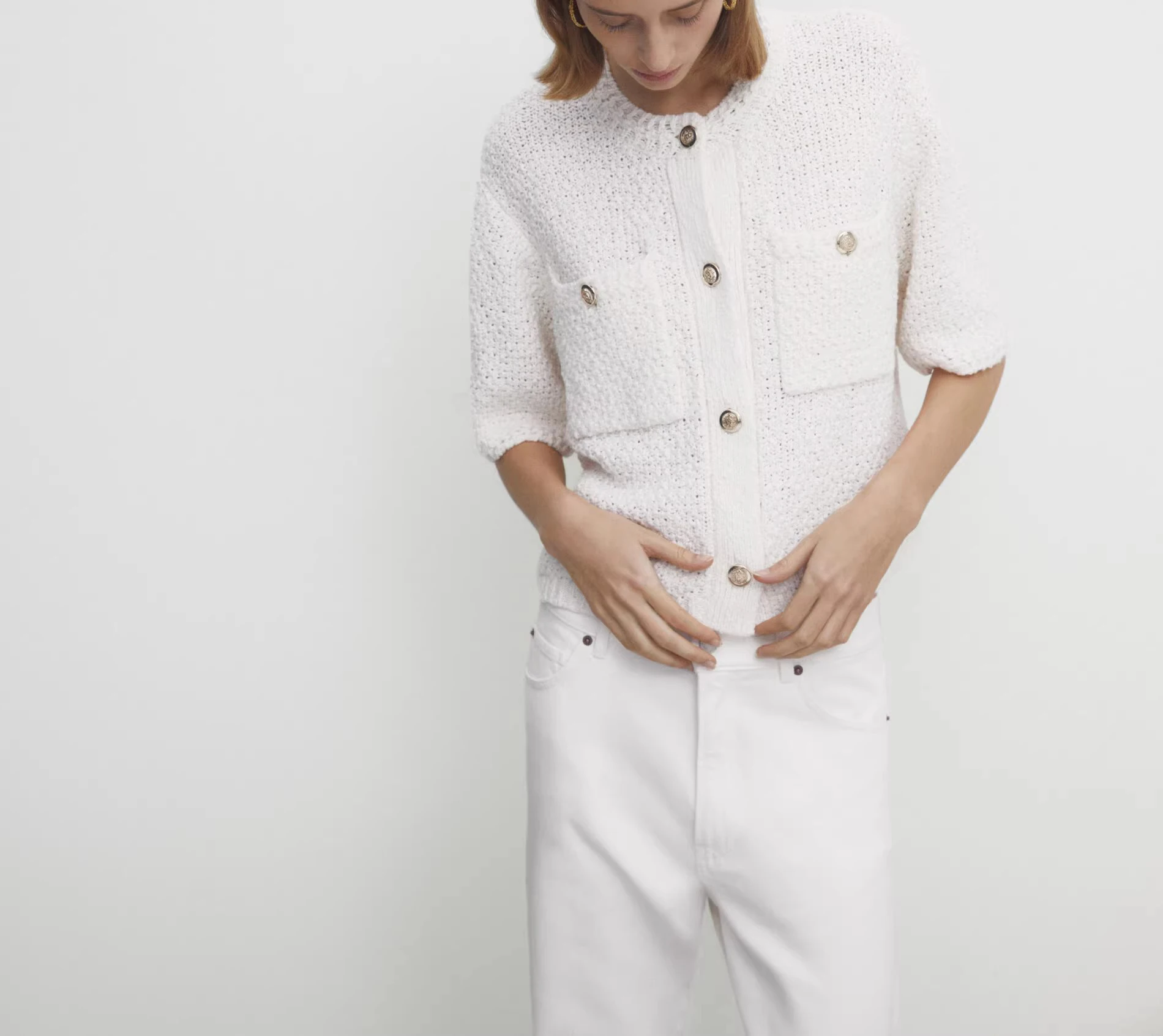 

Spring New MD Texture Knitted Sweater Cardigan ort Outerwear V-ne Polyester Fiber 00% Regular Thin College Sle