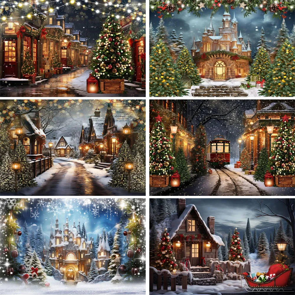 

Photography Background Winter Rail Train Street Lamp Christmas Tree Snowy Xmas Props Kids Family Portrait Backdrops Photo Studio
