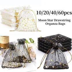 10-60Pcs Moon Stars Drawstring Organza Bags Jewelry Gift Bags Pouches Gold Star Organza Favor Pouches for Valentine's Day Weddin