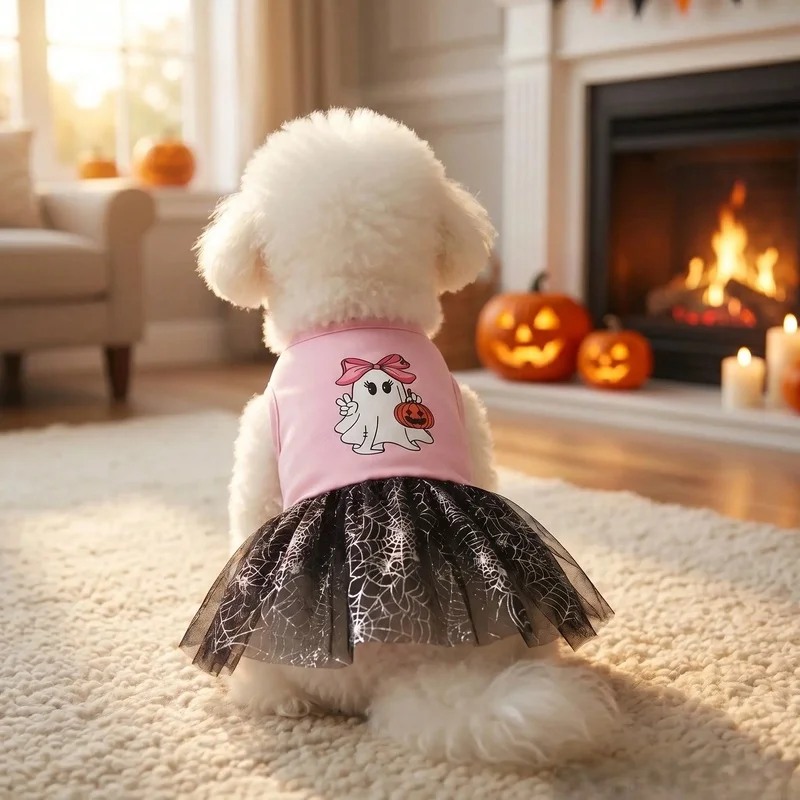Robe tutu rose fantôme pour chien, imprimé citrouille fantôme, jupe en tulle araignée argentée, vêtements de cosplay pour animaux de compagnie, pour petits et moyens chiens et chats