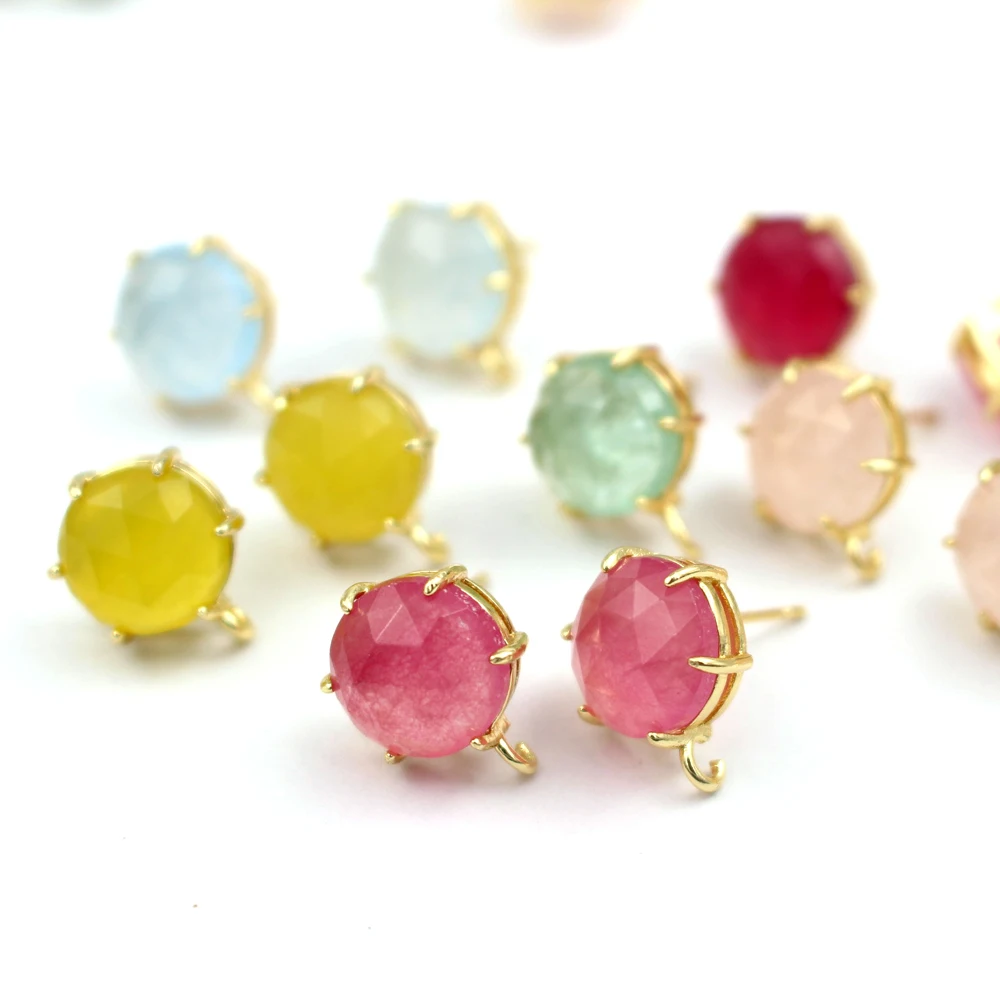 6pair DIY Jewelry Accessories Colors Stone Ear Posts Round Light Blue Green Quartz Stone Earring with Loop Connectors