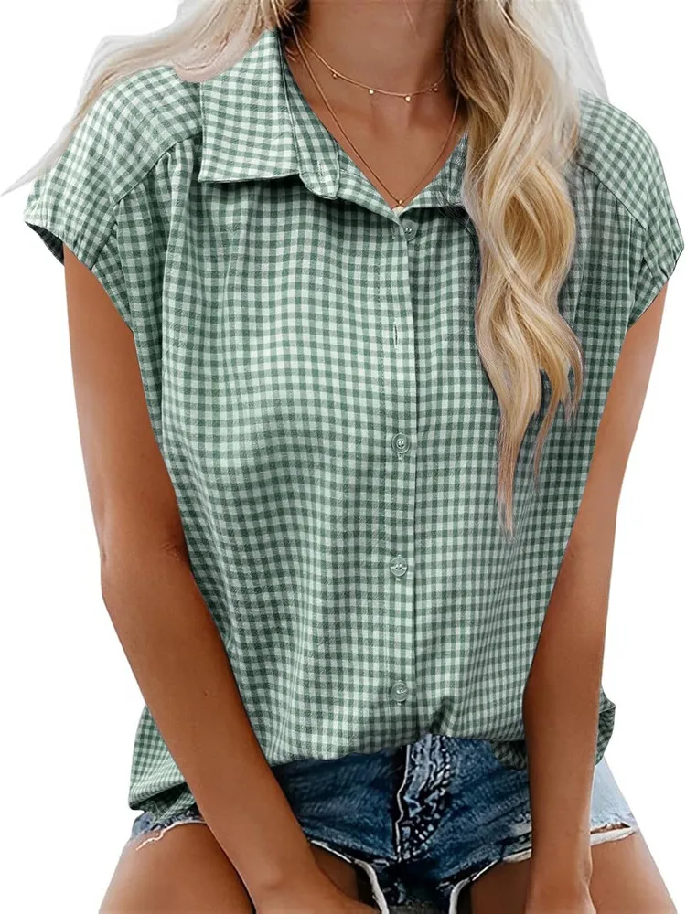 

Women's Plaid ort Sve irt Stand Collar Button up Loose Fit Thin Material Iron Free Polyester Fabric Other Material 00%