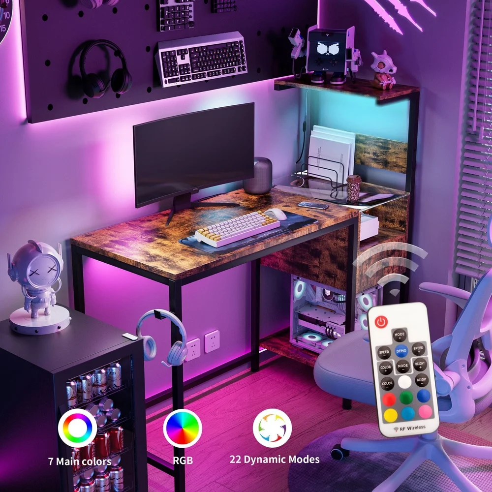 Gaming Computer Desk with LED Lights Charging Station Reversible Shelves USB Outlets Home Office Study Table Rustic Brown