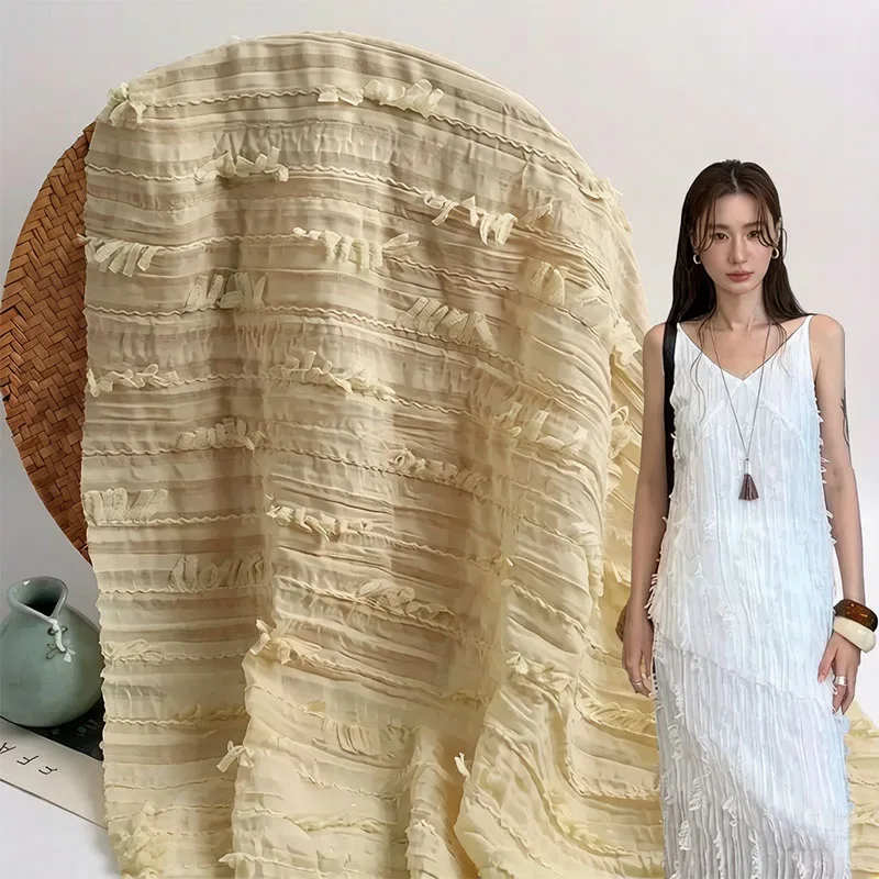 

Striped Three-dimensional Tassel Embroidery Fabric Sewing Women's Dress Dress Shirt Jacquard Fabric Pleated Chiffon Fabric