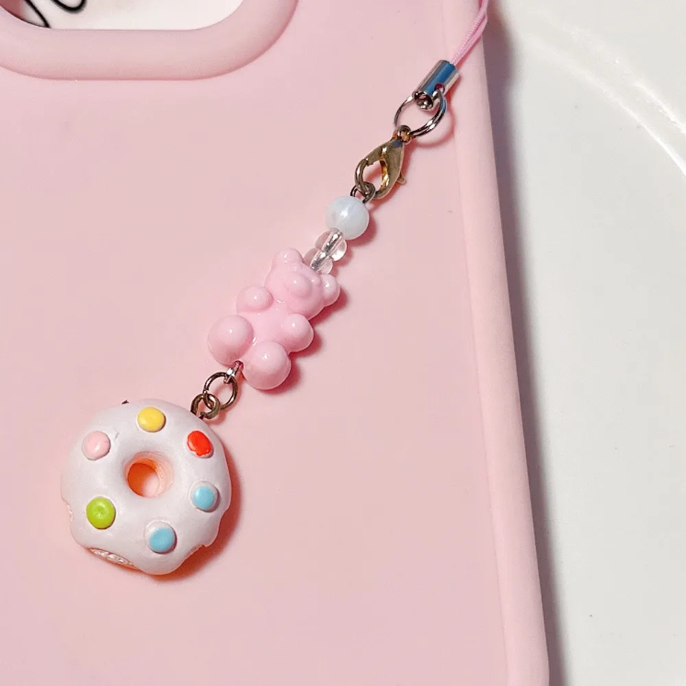 Phone Keychain Little Bear Beaded Phone Chain Doughnut Cheese Phone Strap Handmade Anti-Lost Mobile Lanyard Phone Decoration