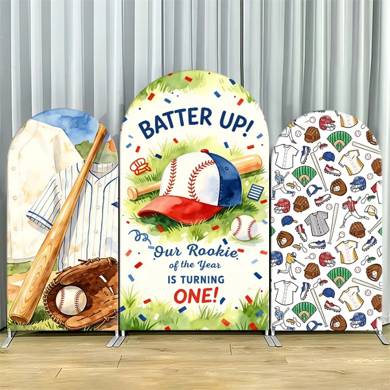 

Arch Backdrop Cover Single Side Baseball Batter Up Rookie Year One Gear Sports Party Decoration Photo Booth Background Event