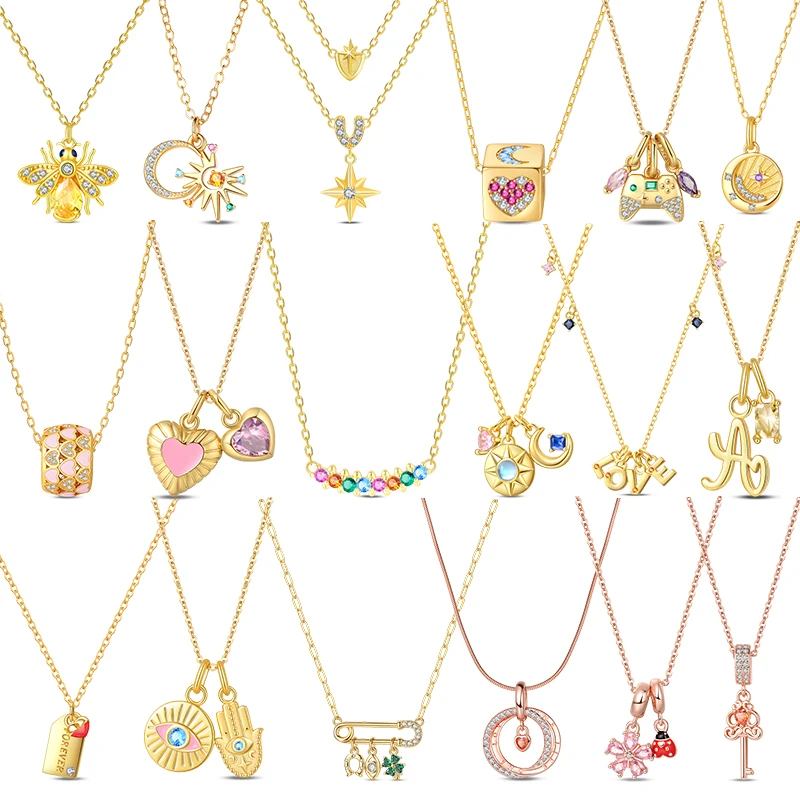 New 925 Sterling Silver Women Necklaces Bee Star Moon Heart Rainbow Love Letter Necklaces Jewelry Gift For Ladies Collection