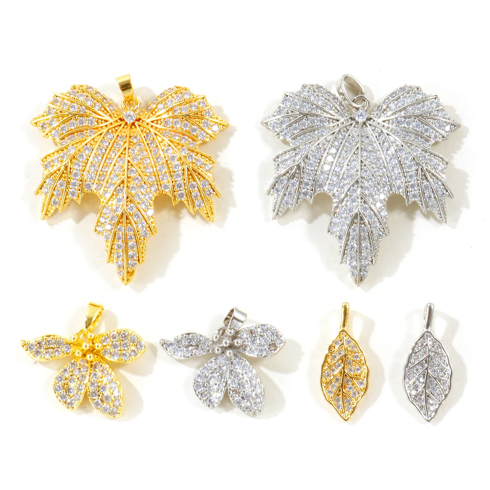 1pc Micro Pave Clear Cubic Zirconia Leaf Charms Brass 18K Gold Plated Maple Leaf Pendants DIY Necklace Jewelry Making Supplies
