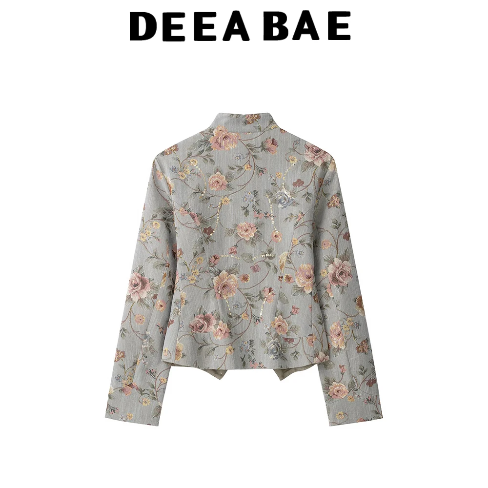 DEEABAE Early autumn new women's cotton long sleeved stand up collar pearl embellished jacquard suit asymmetrical jacket