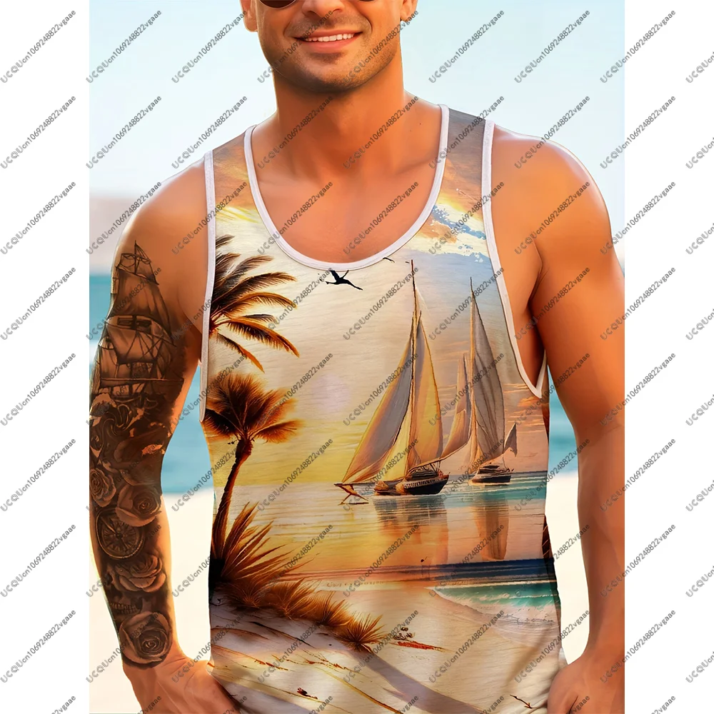 الصيف الاستوائية بدلة ركوب الأمواج تانك القمم الرجال عطلة الشاطئ تي شيرت تنفس سترة رياضية غير رسمية هدية شجرة النخيل بحر هاواي #5