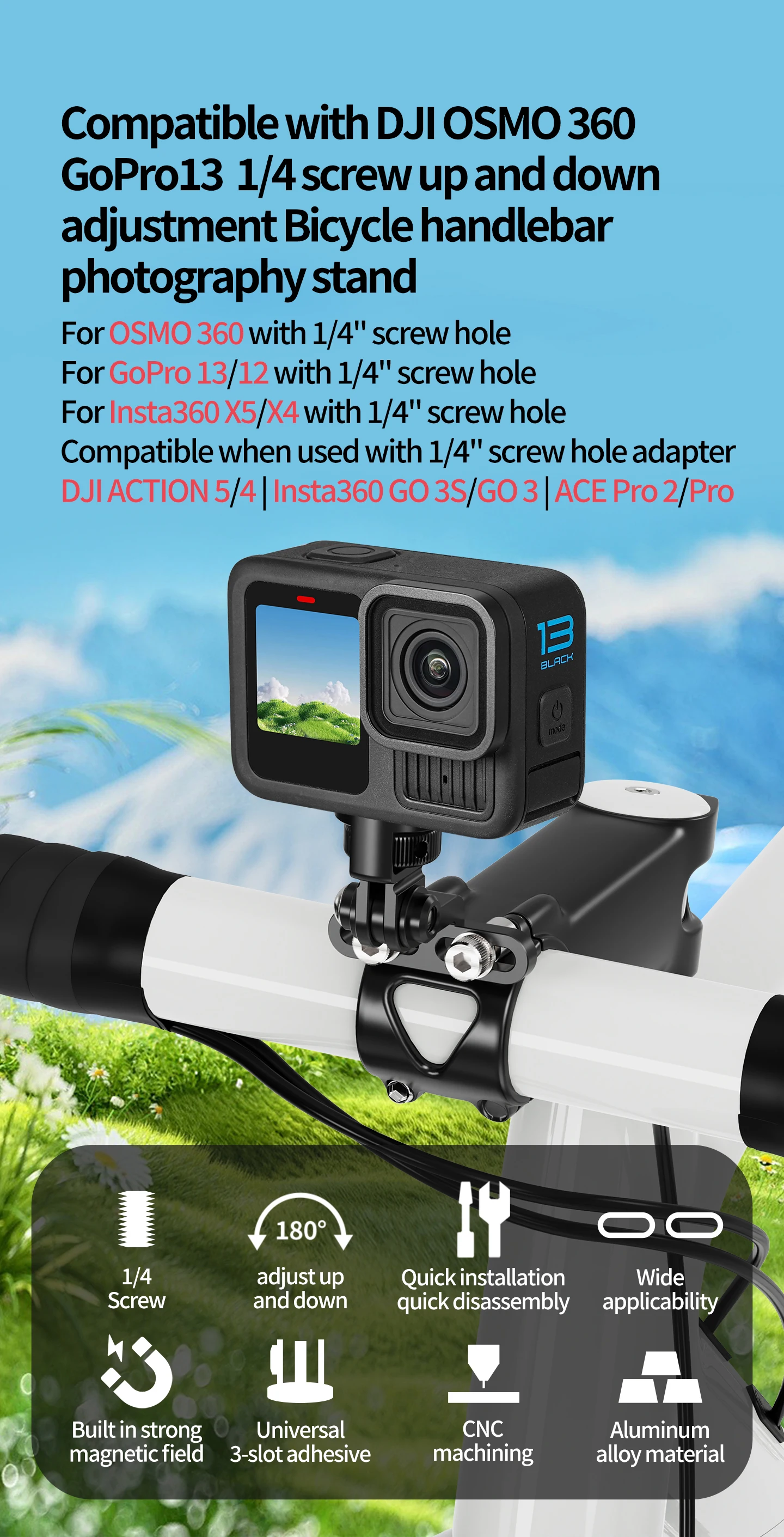 Universal Lenker Vorbau Kamera Halterung Fahrrad Scheinwerfer Halterung Handy GPS Halter für Gopro 13 Insta 360 OSMO Action Stehen – Detail 10
