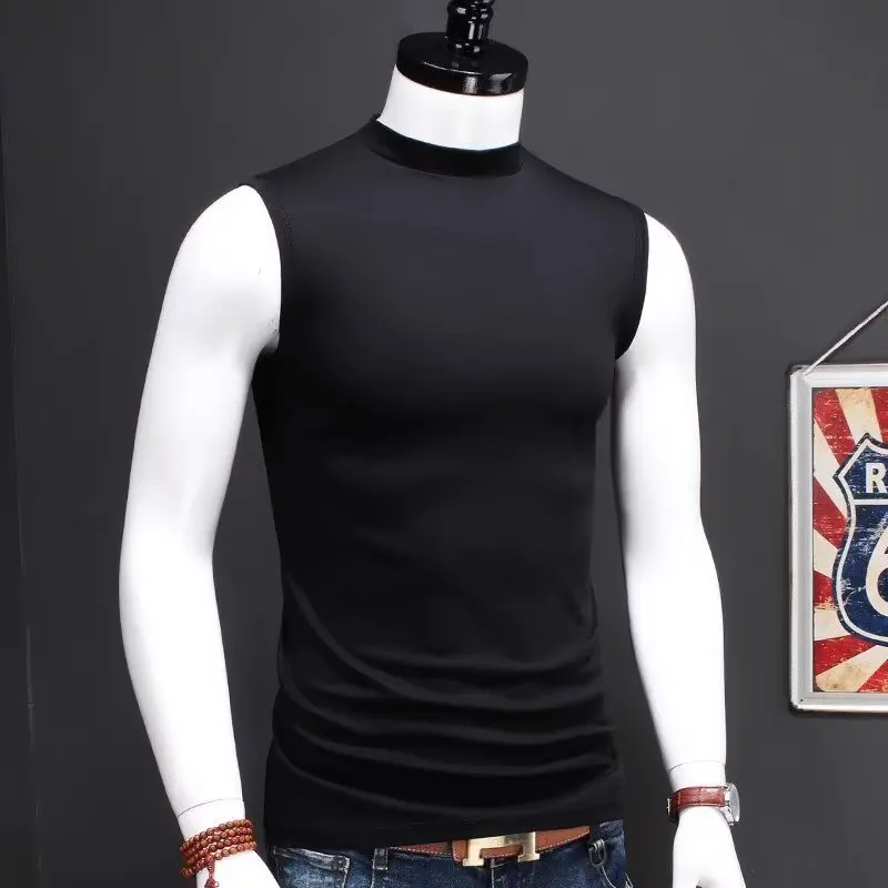 

Semi-turtleneck Summer Men's Vest Thin Solid Color Trendy Round Neck Ice Silk T-shirt Sleeveless Slim-fit Bottoming Shirt T-shir