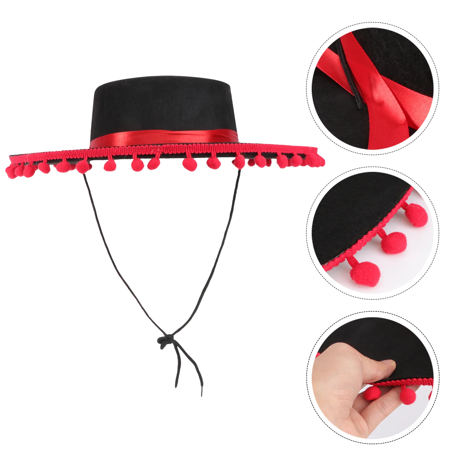 Fashion Felt Hat Red Hair Ball Ribbon Mexican Hat Dancing Party Performance Hat (Black+Red) red hair ball ribbon felt hat