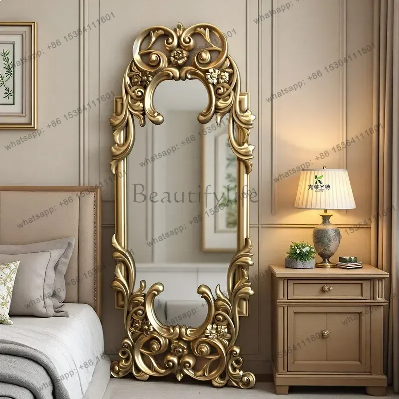 YJ French Carved Full Length Floor Mirror Vintage Arched Wall Leaning Dressing Mirror for Bedroom Living Room