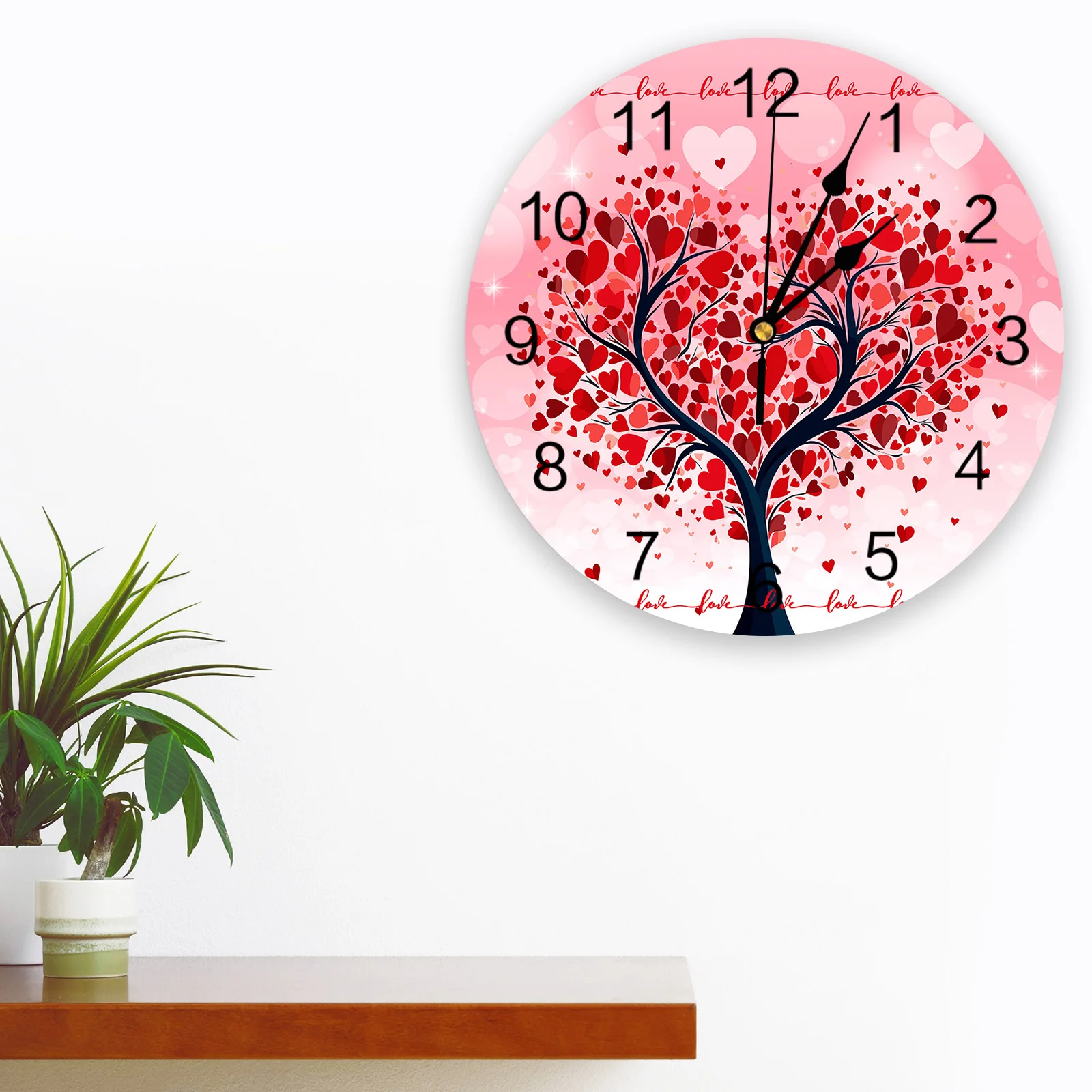 Valentine'S Day Love Tree Illustration Printed Wall Clock Modern Silent Clock Living Room Home Decor Wall Hanging Watch